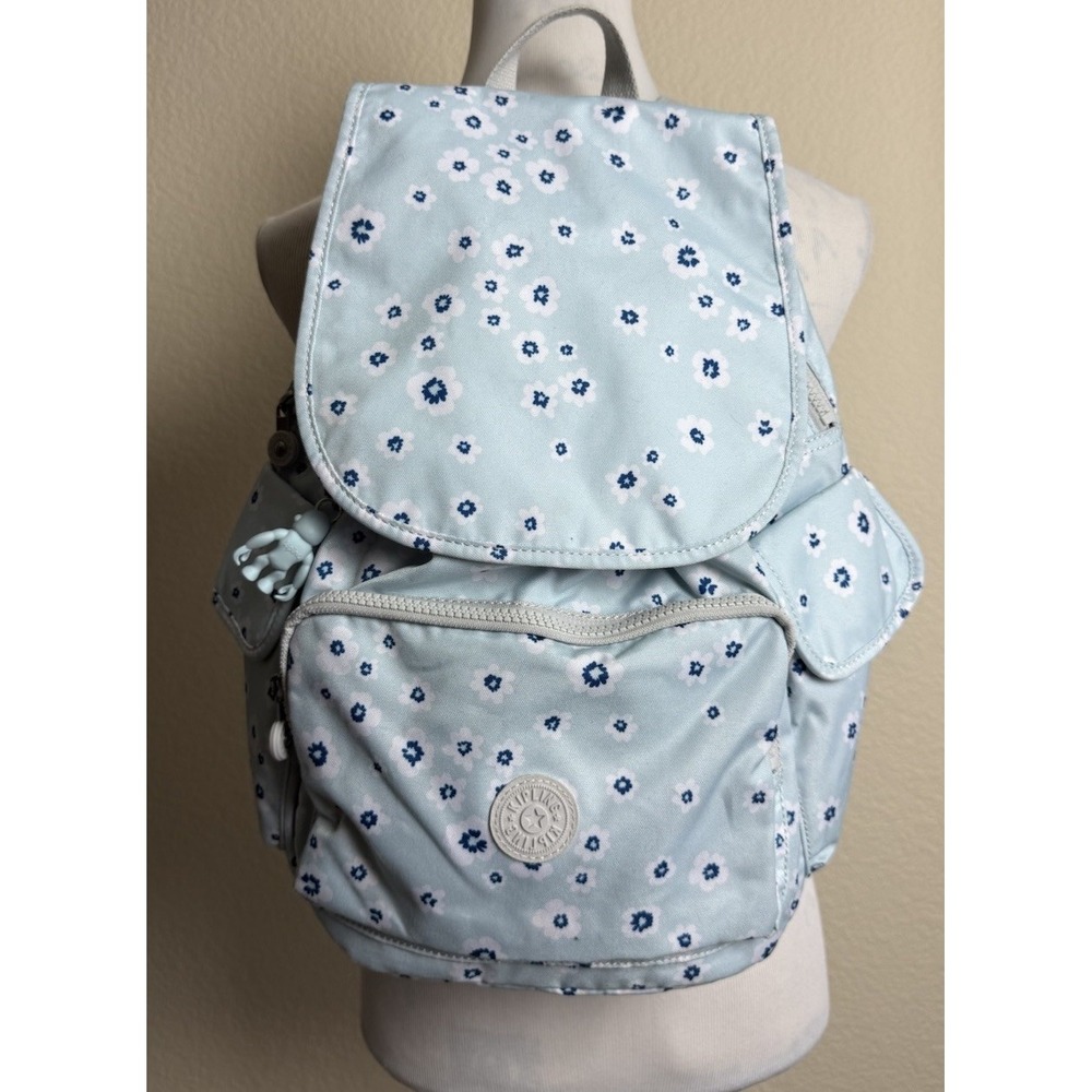 Kipling City Backpack Nylon Floral Light Blue Rucksack Book Bag Monkey Charm